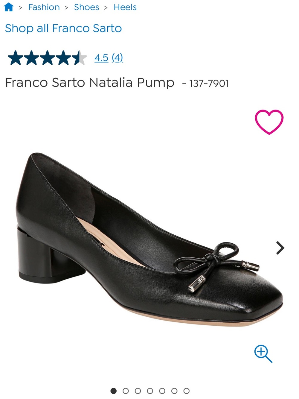 Franco Sarto Black Leather Low Block Heel Pump with Bow -Natalia